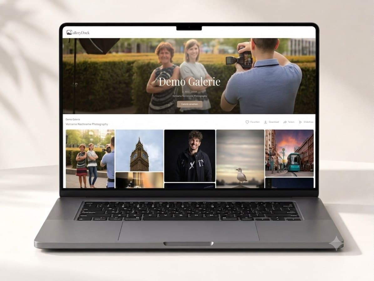 Demo client gallery on a laptop with favorites and downloads