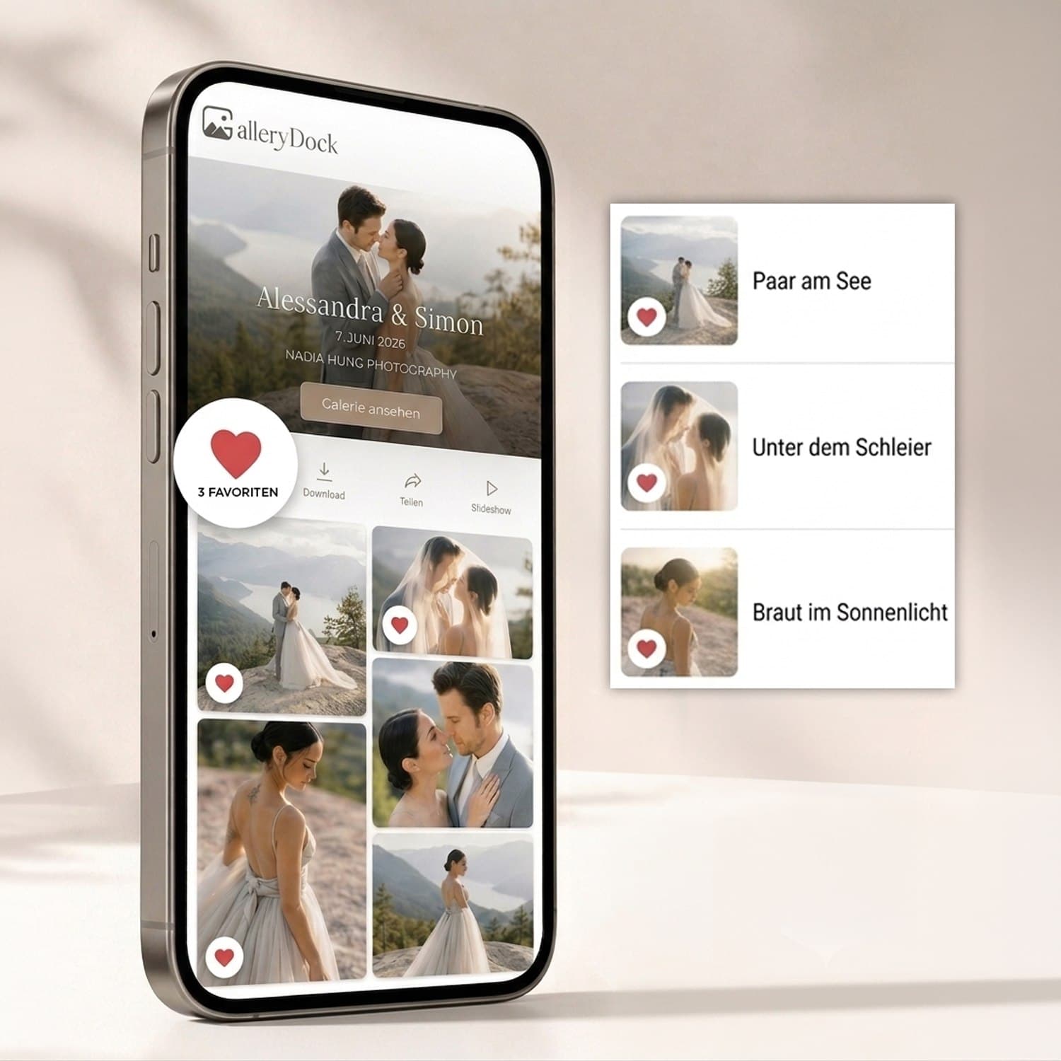 GalleryDock favorites with selected client images inside a gallery