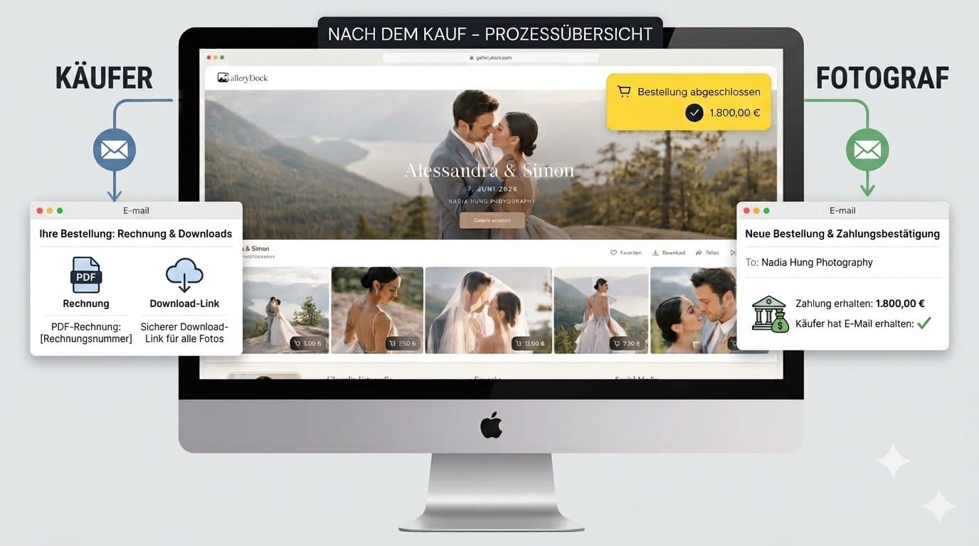 GalleryDock shop workflow with a client gallery, completed purchase and automated emails for buyer and photographer
