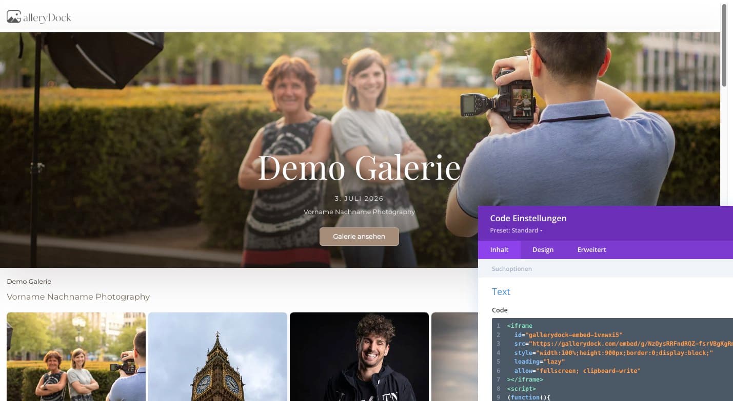 GalleryDock demo gallery with embed code for a photographer website