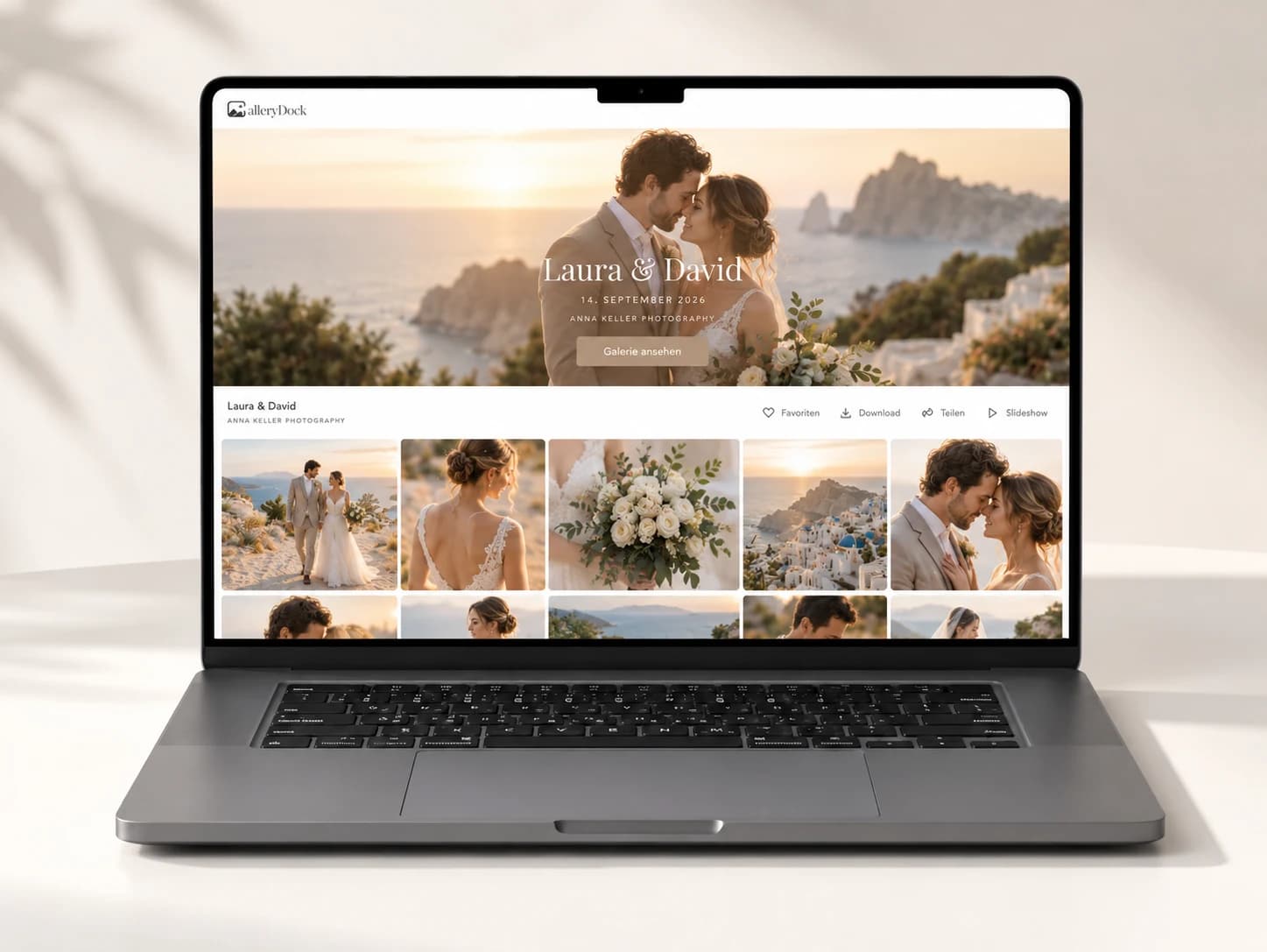 Hochzeitsgalerie mit Titelbild und Fotoübersicht auf einem Laptop