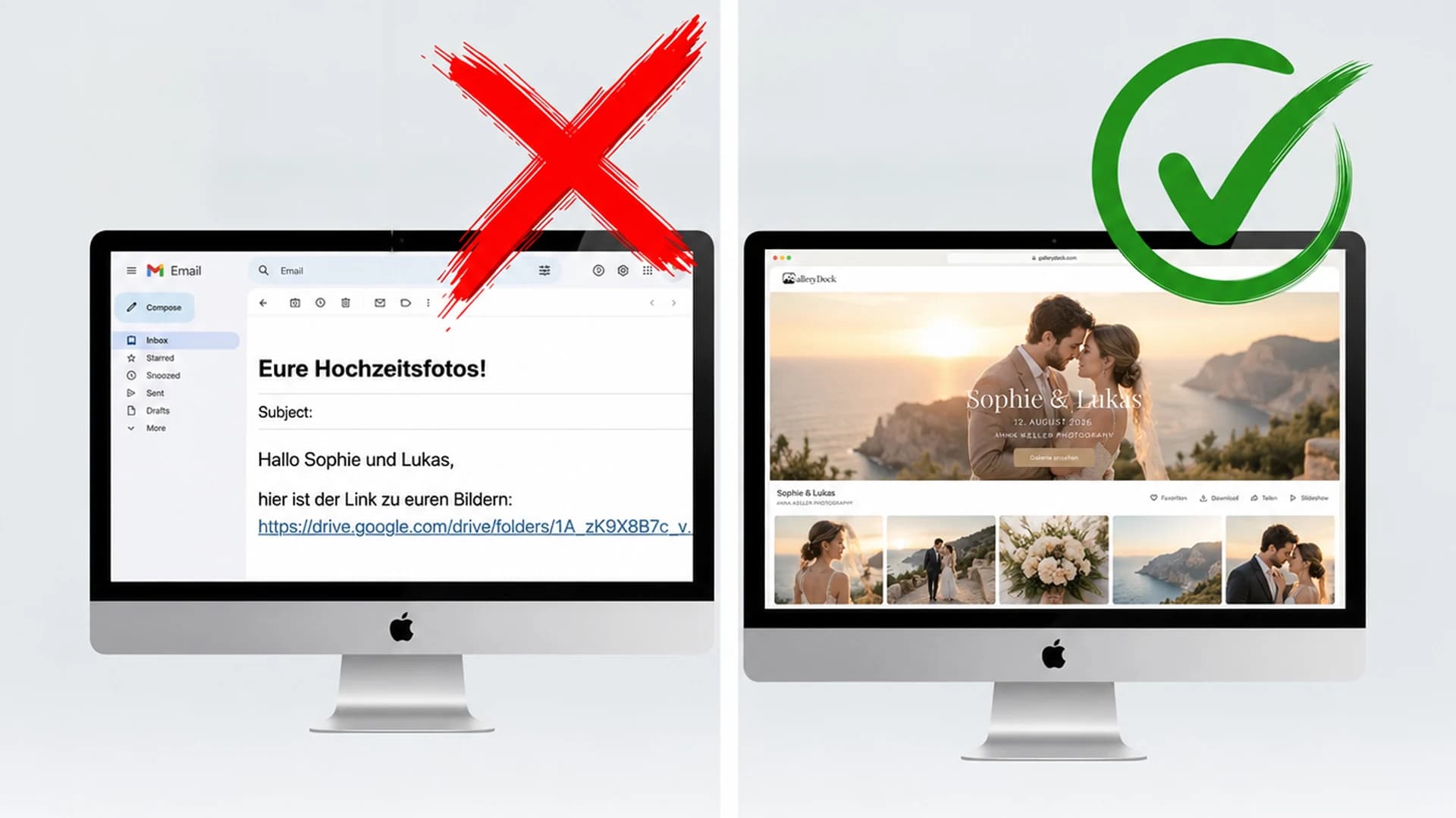 Bildübergabe im Vergleich: Dateilink per E-Mail und GalleryDock Hochzeitsgalerie