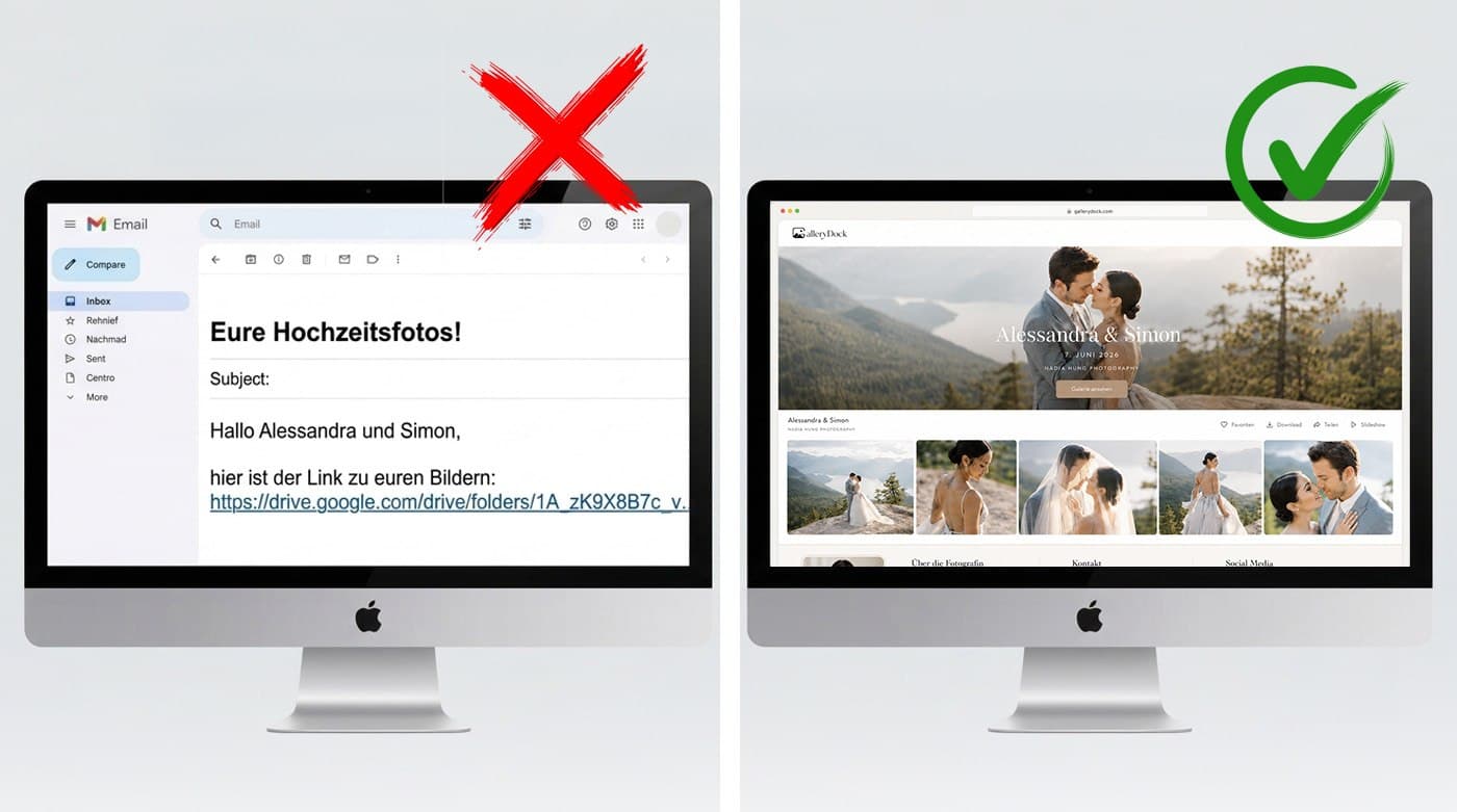 Comparison between a basic email file link and a professional GalleryDock client gallery