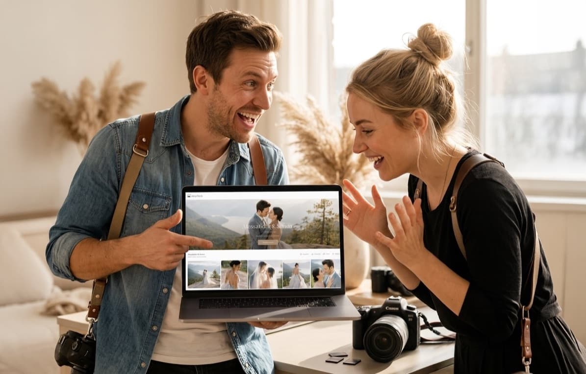 Zwei Fotografen freuen sich über eine professionelle GalleryDock Kundengalerie