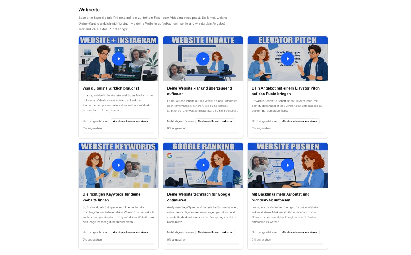 Unvollständiger Einblick in Website- und SEO-Videos der GalleryDock Academy