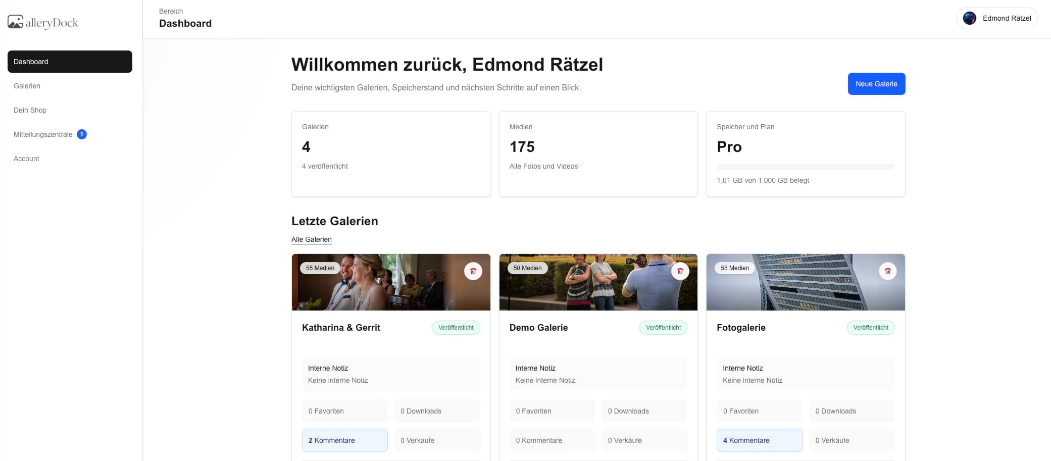 GalleryDock Dashboard zur Organisation von Kundengalerien