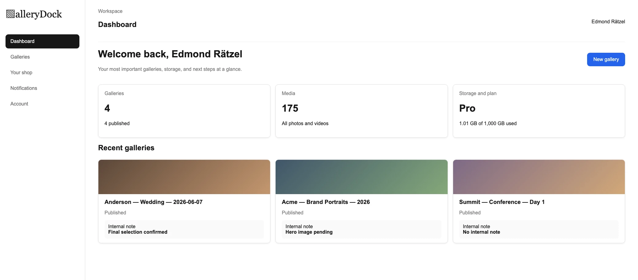 English GalleryDock dashboard with consistently named client galleries