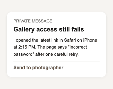 Message containing useful gallery access details for the photographer