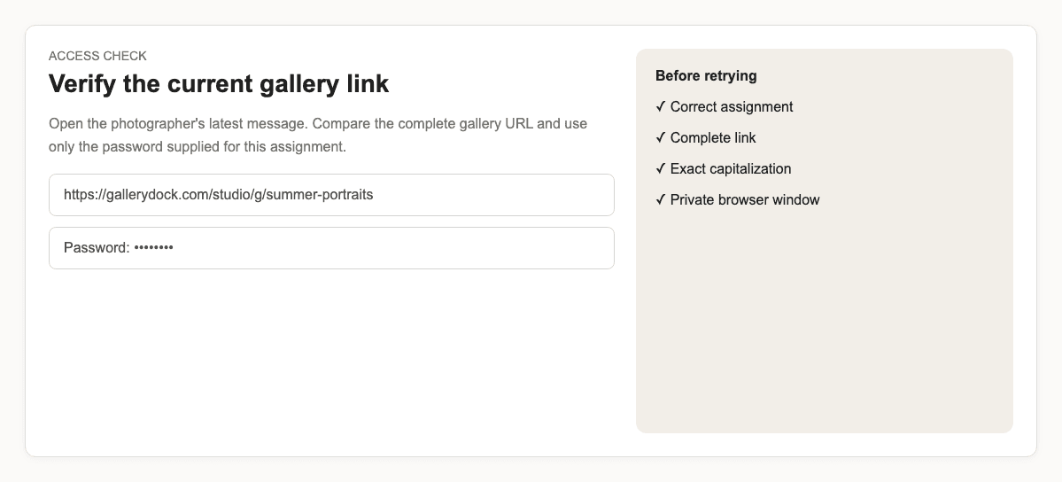 Client checking the gallery link and password before retrying access