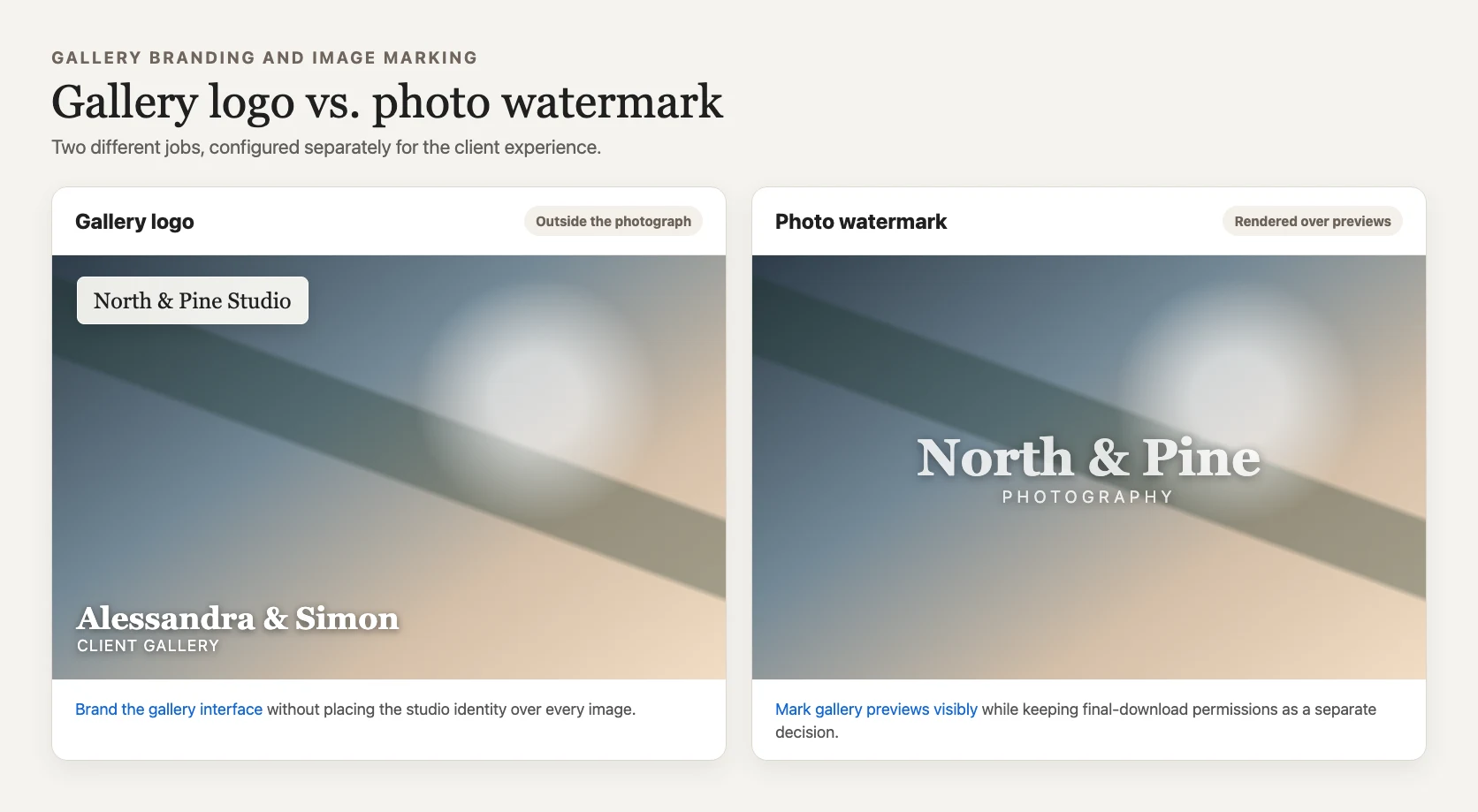 English GalleryDock comparison of gallery branding and a photo watermark
