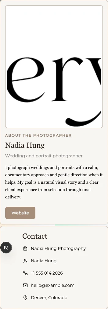 Mobile English photographer contact profile in GalleryDock