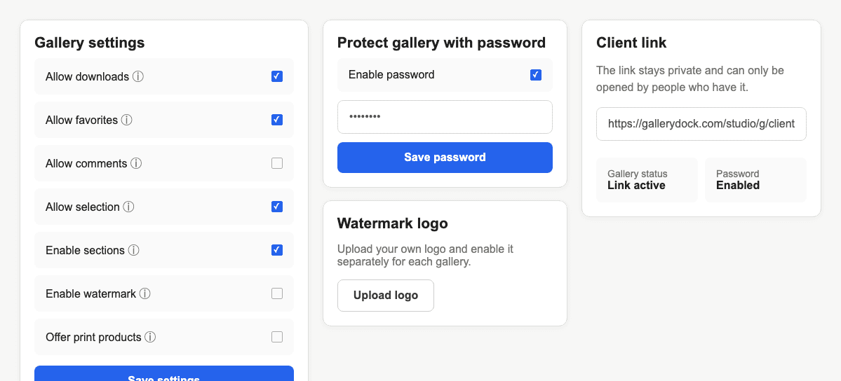 English client message that delivers a GalleryDock gallery password