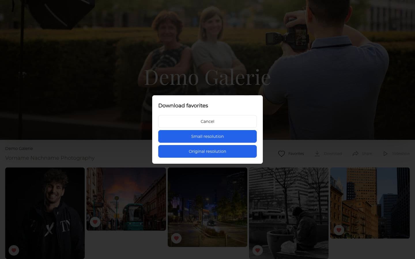 English GalleryDock gallery showing client download resolution choices