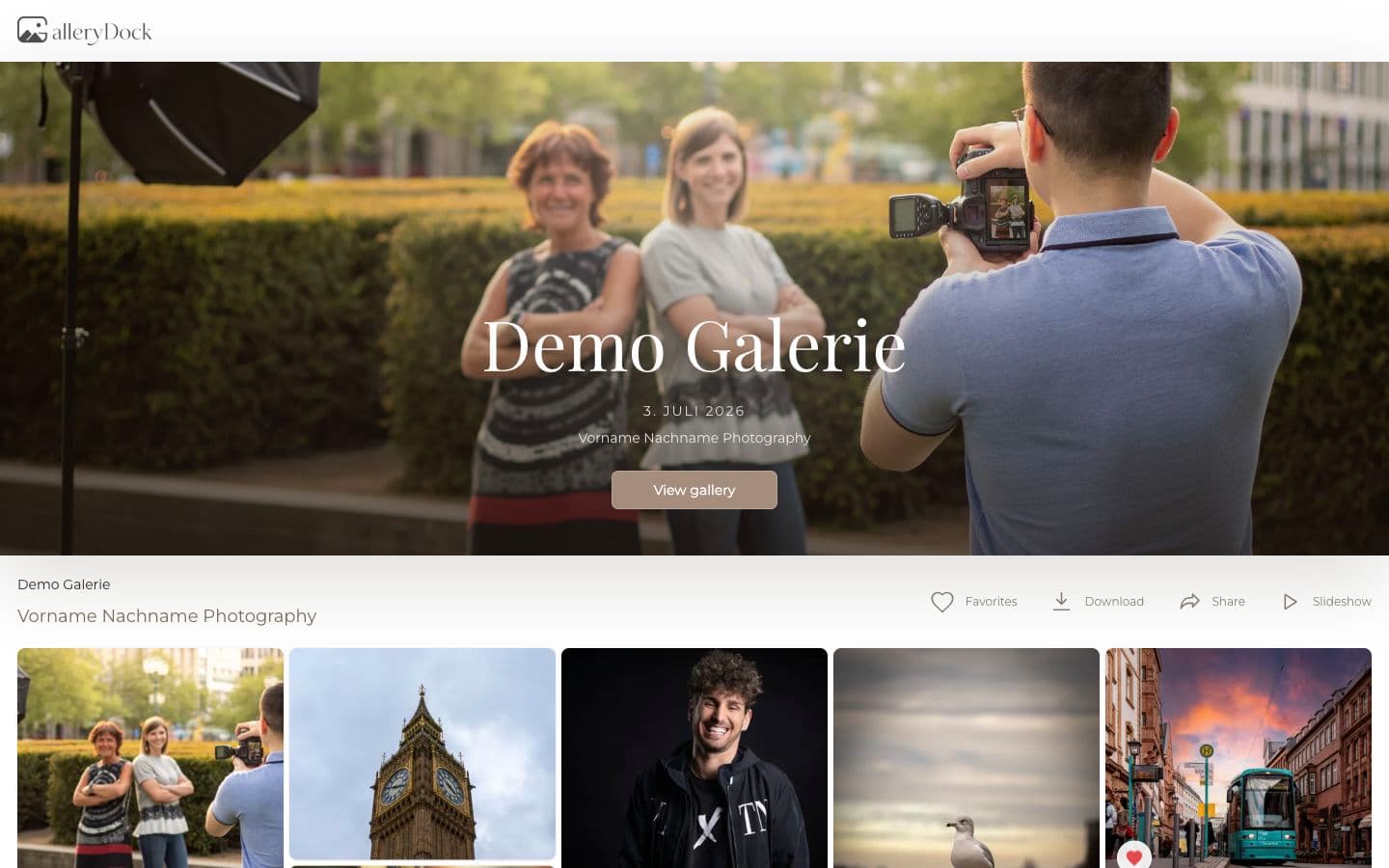 English GalleryDock client gallery with a branded cover and photo grid