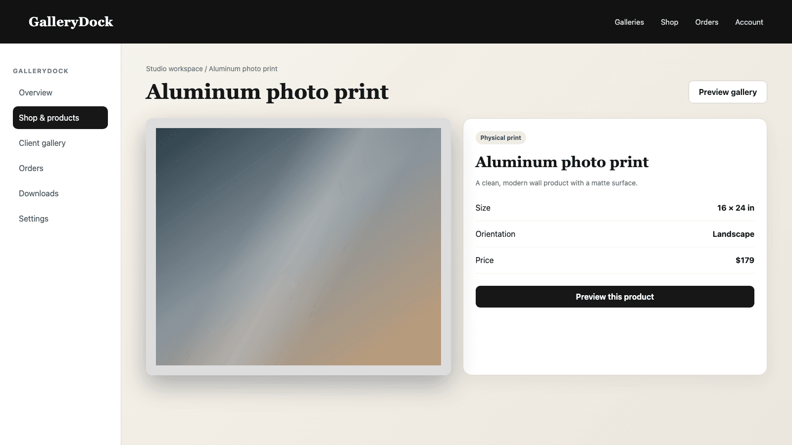 English GalleryDock product selection for an aluminum photo print