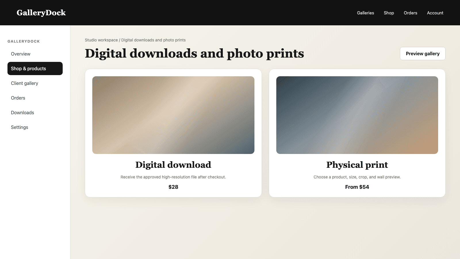 English GalleryDock gallery offering digital downloads and physical prints