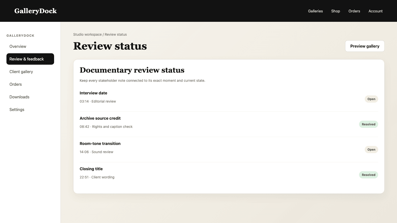 English GalleryDock documentary feedback list with open and resolved items