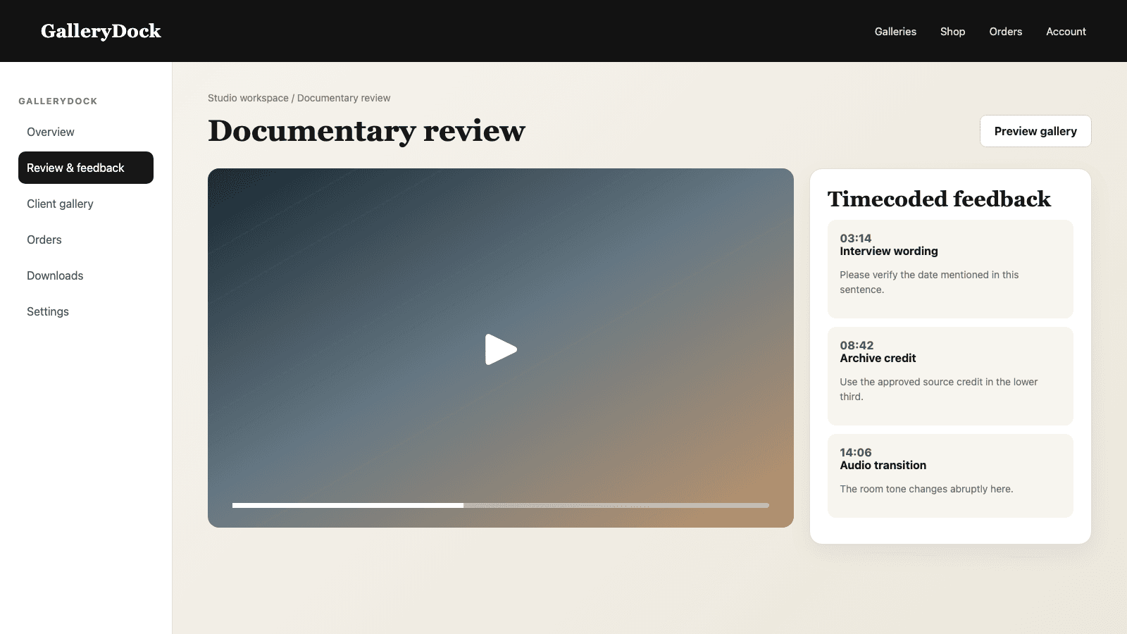 English GalleryDock documentary review with a timecoded client comment