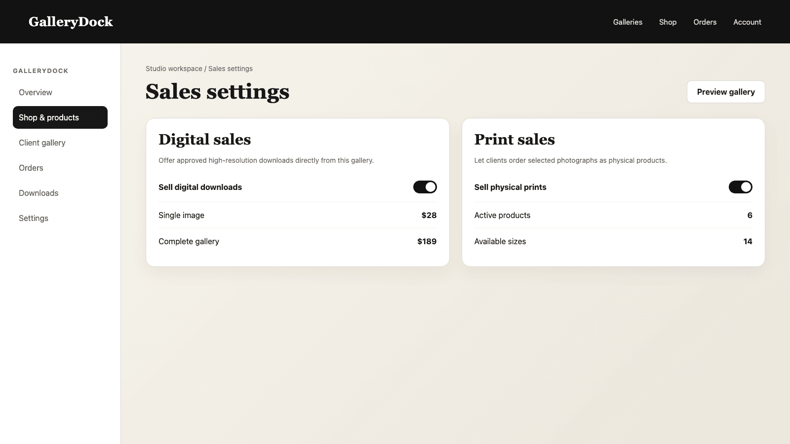 English GalleryDock settings with digital sales and print products enabled