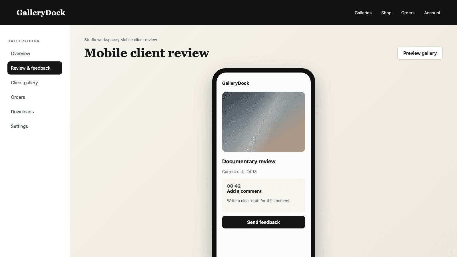 English mobile documentary review showing a client feedback form