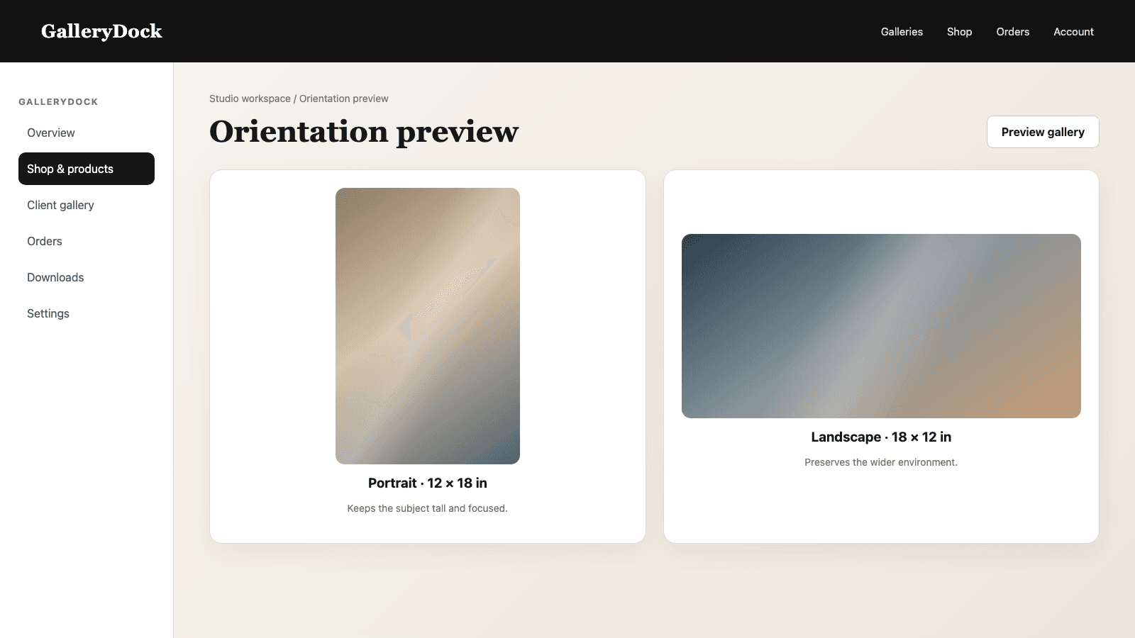 English GalleryDock print preview comparing portrait and landscape orientation