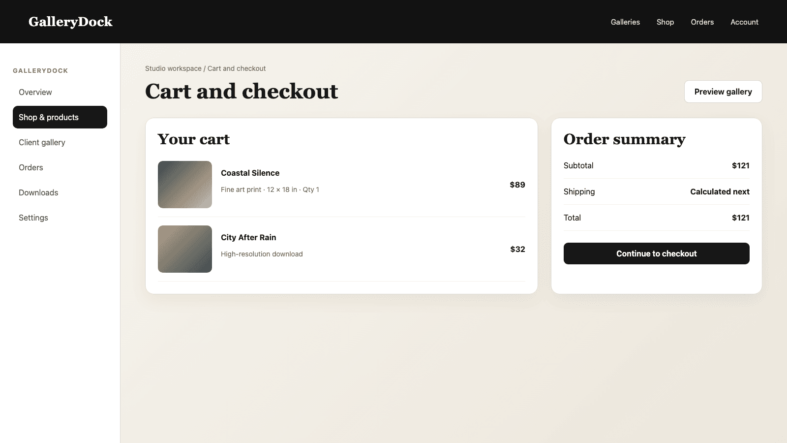 English GalleryDock cart and checkout summary for a physical photo print