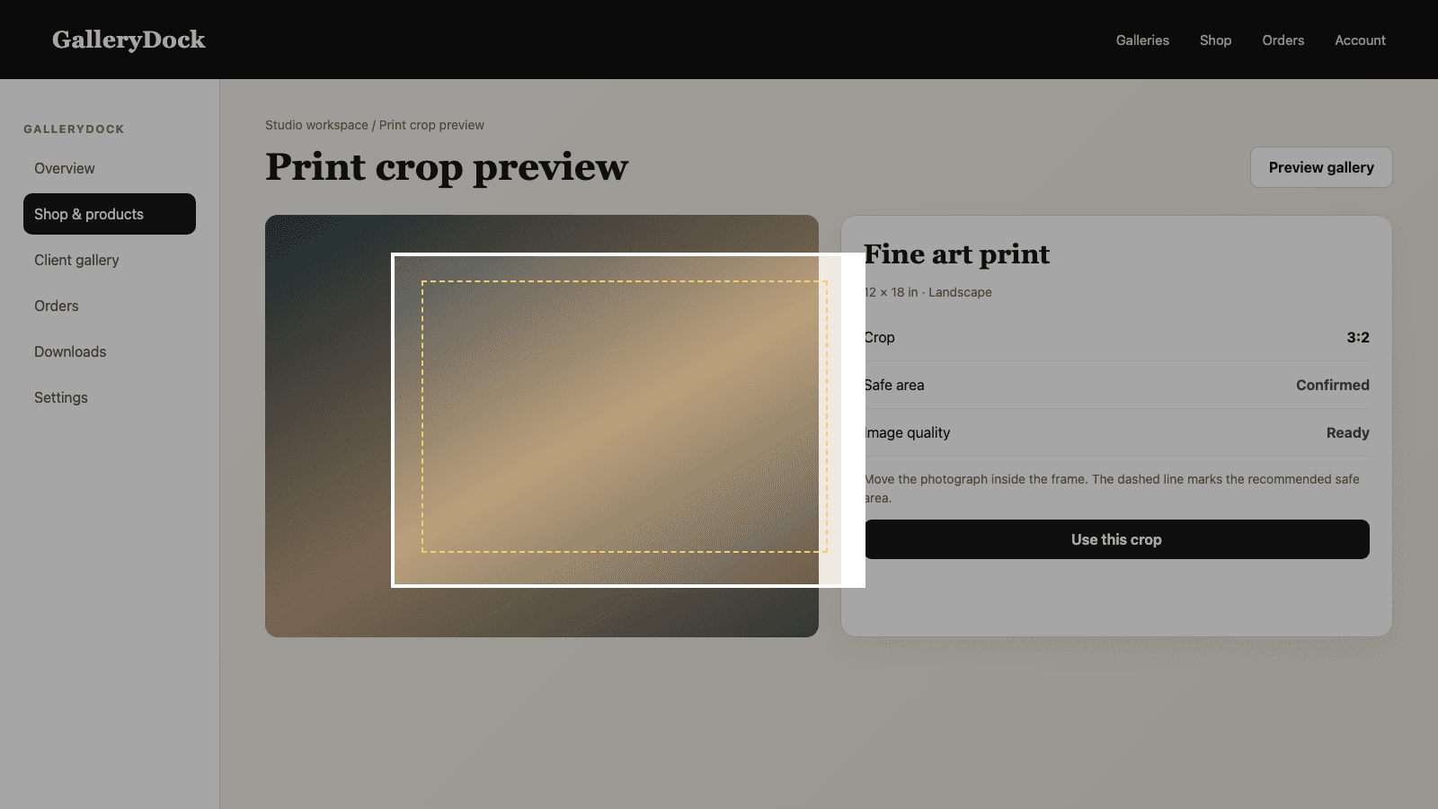 English GalleryDock print preview with crop frame and safe area