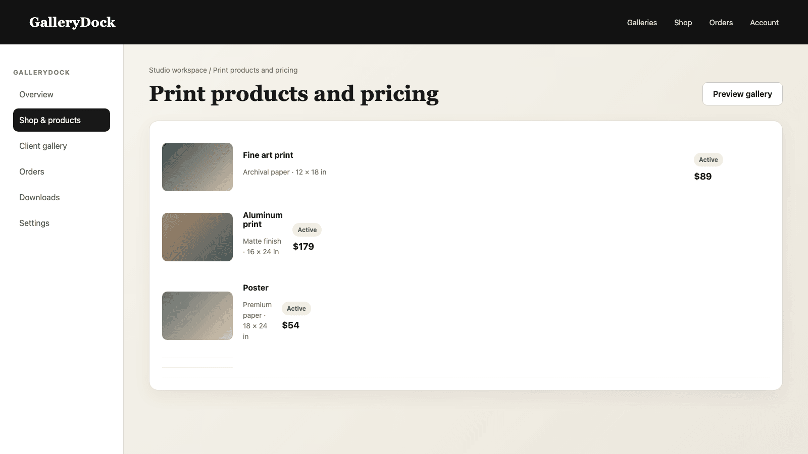 English GalleryDock print catalog with products sizes costs prices and profit