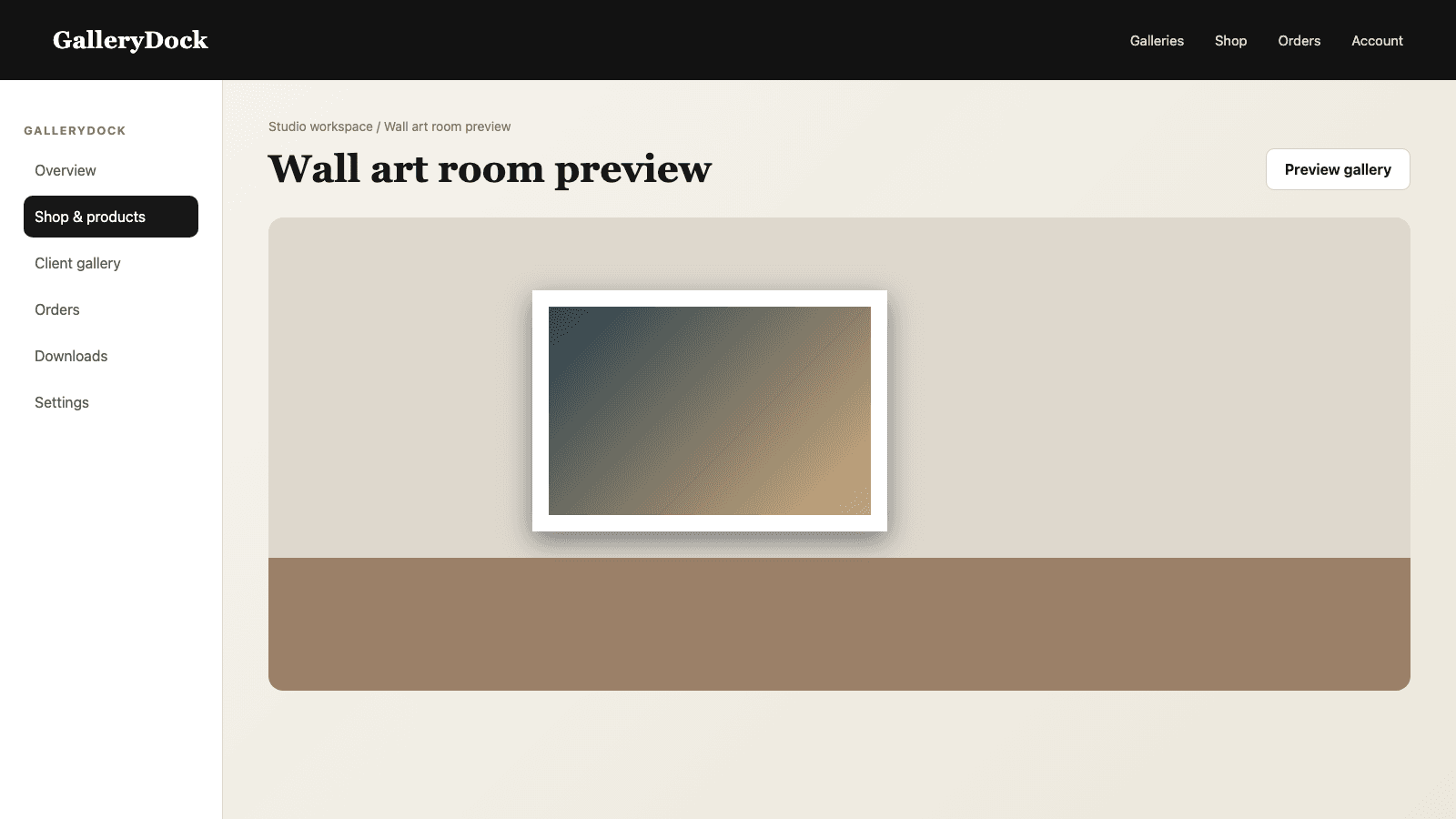 English GalleryDock room preview showing a framed photograph on a wall