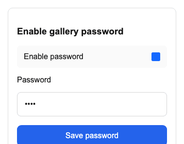 English GalleryDock password settings for a shared client gallery