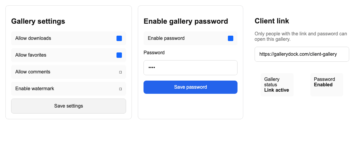 English GalleryDock access settings reviewed after a gallery link was shared