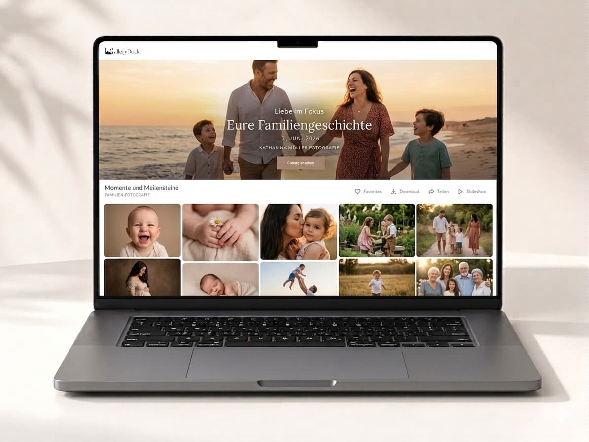 GalleryDock Fotogalerie für Kunden auf einem Laptop mit Kundenansicht und Bildkacheln