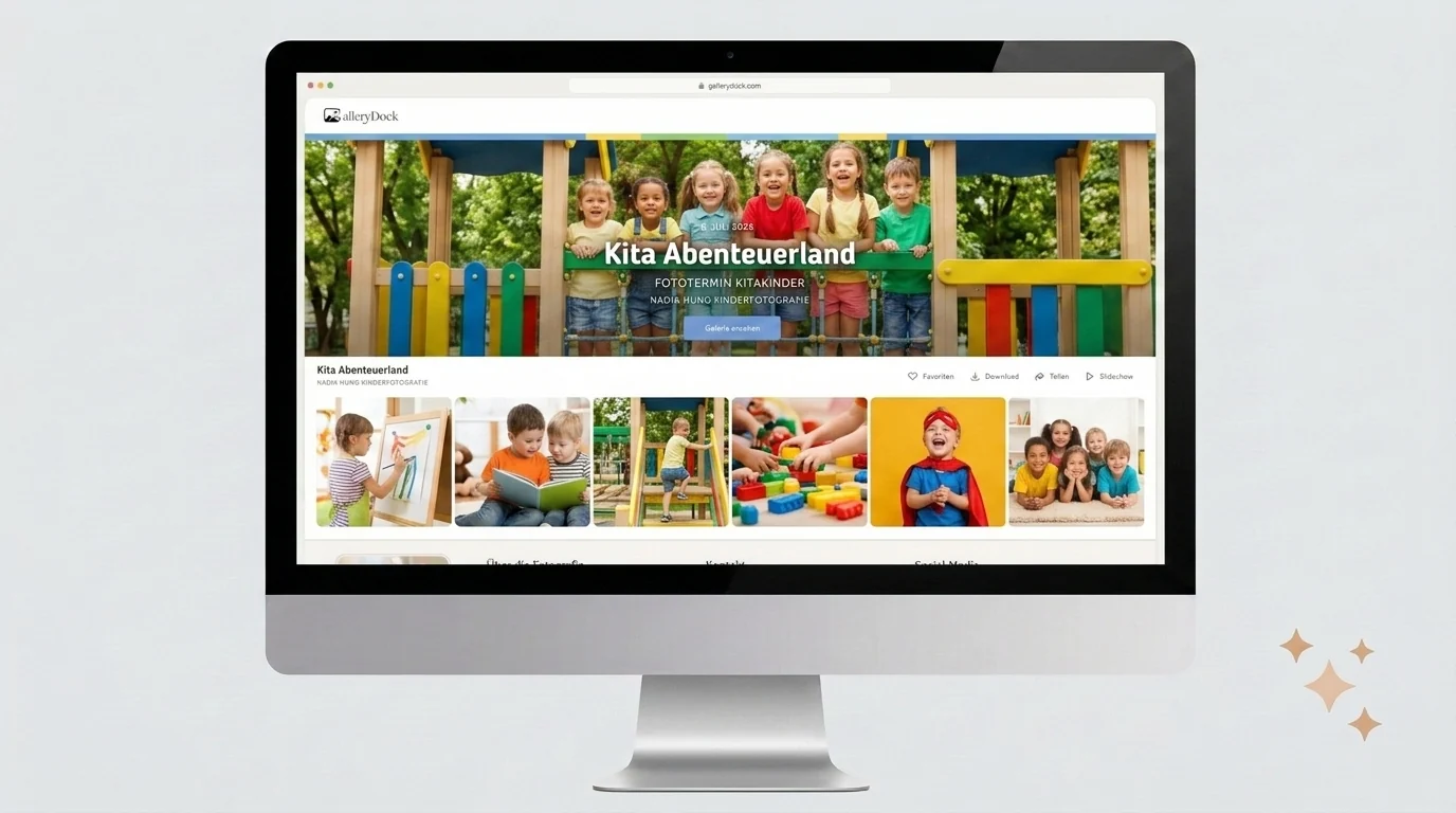 GalleryDock Kindergarten-Fotogalerie auf einem iMac