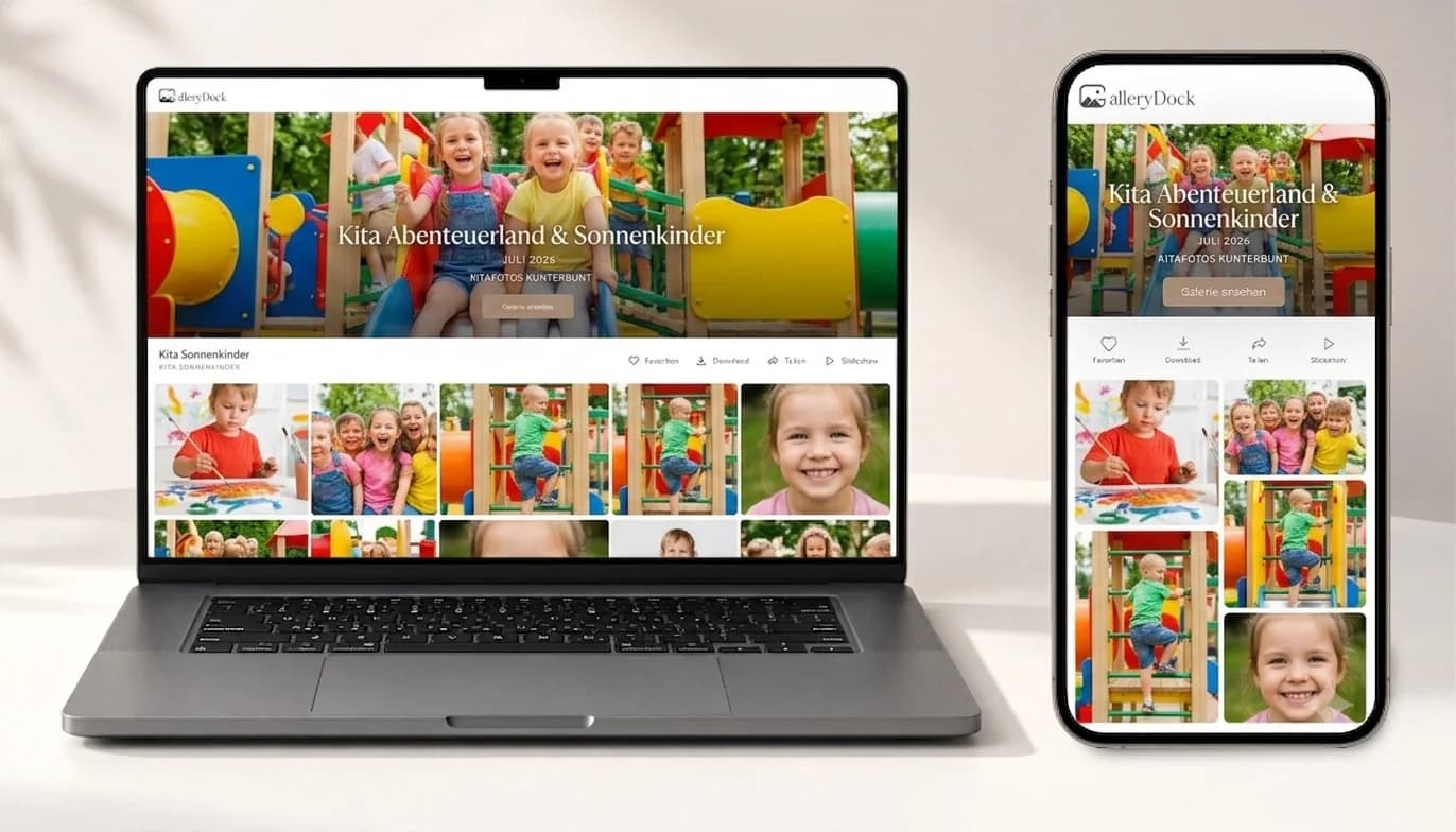 GalleryDock Kindergarten-Fotogalerie auf Laptop und Smartphone