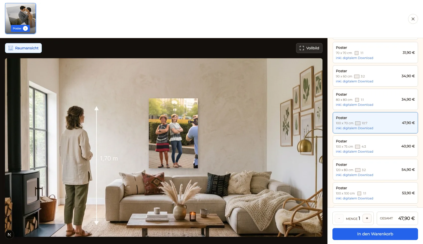 Fotoposter mit Format und Größe in der GalleryDock Raumansicht