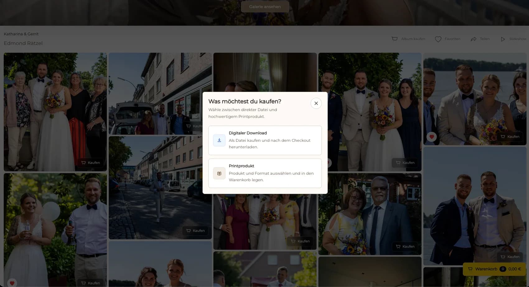 Brautpaare wählen in GalleryDock zwischen Hochzeitsdownload und Printprodukt