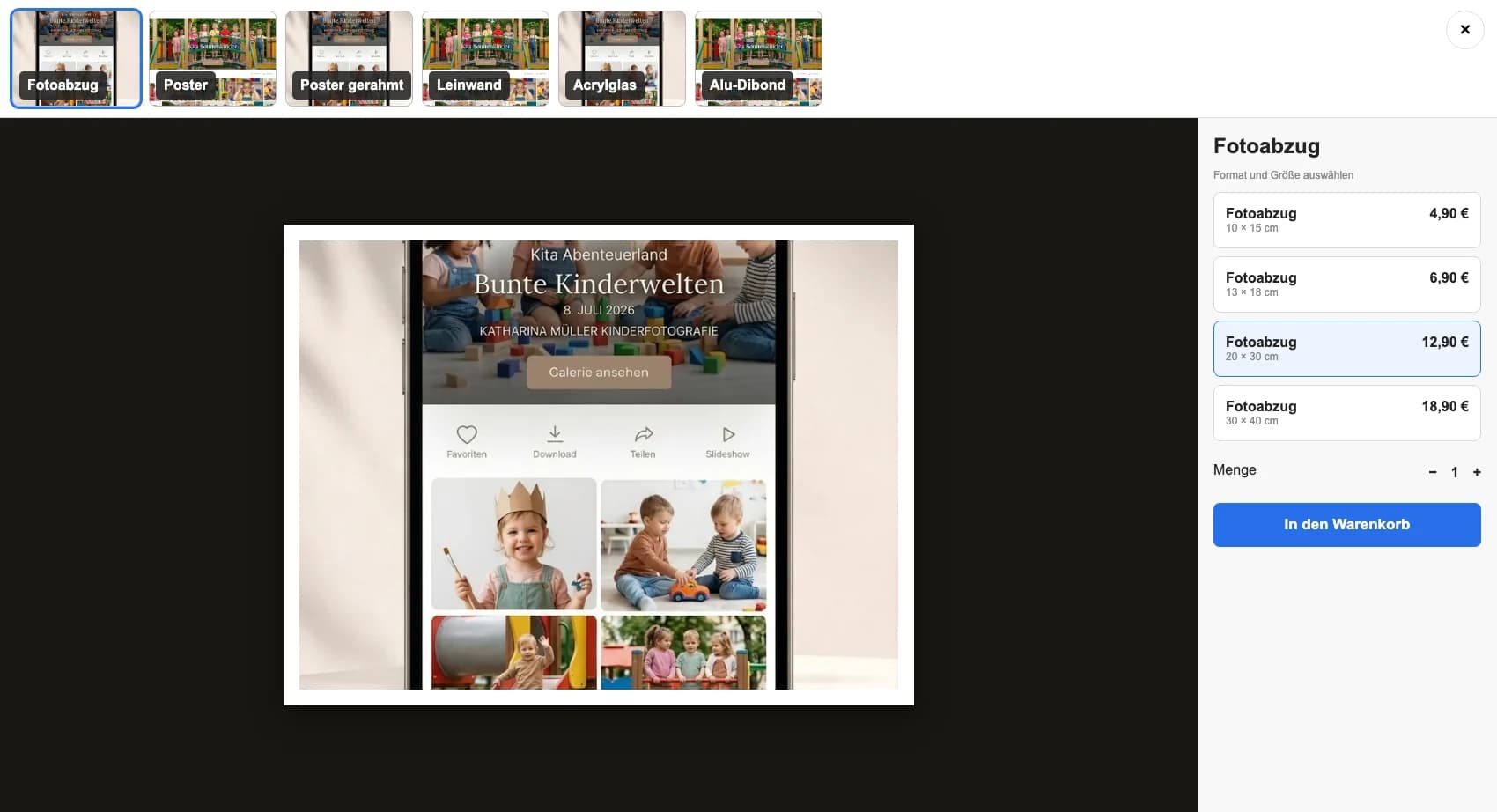 Kindergartenportrait als Fotoabzug in GalleryDock auswählen