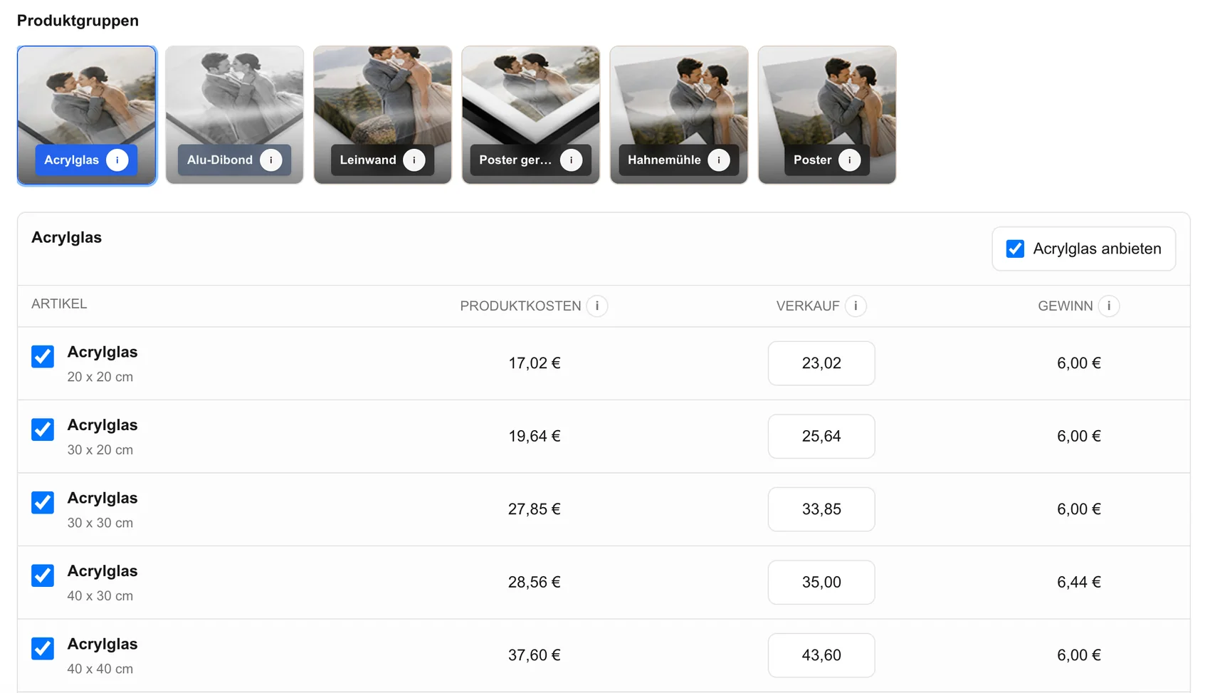 Printprodukte und Größen für einen Kunden-Printshop auf der eigenen Domain vorbereiten