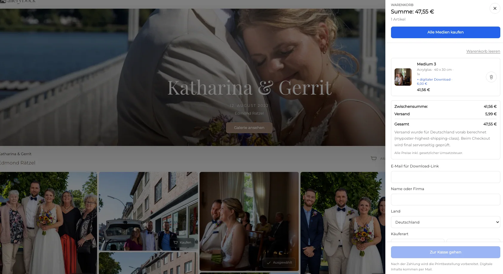 Warenkorb und Checkout eines Kunden-Printshops auf der eigenen Domain