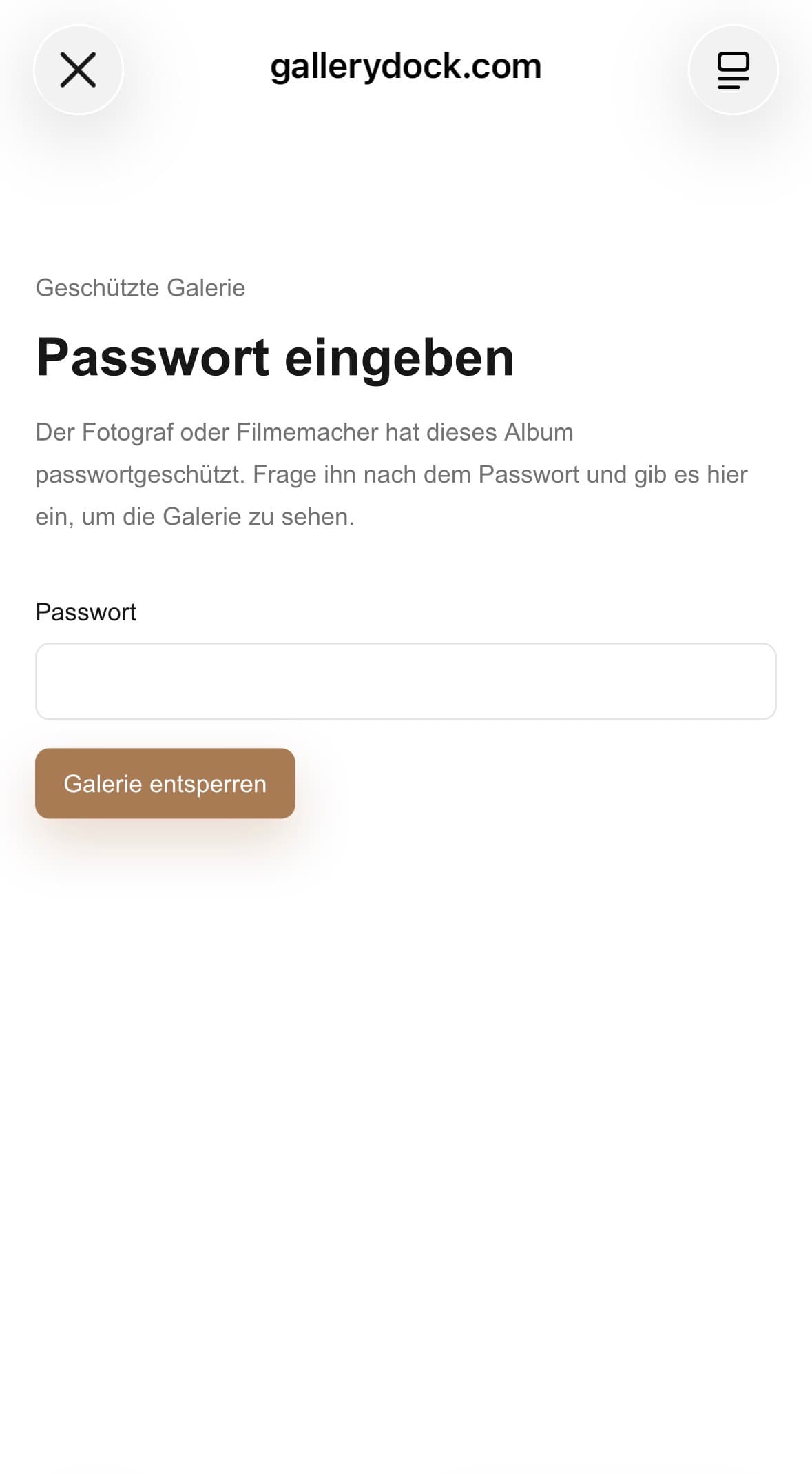 Passwortansicht einer privaten GalleryDock Boudoirgalerie auf dem Smartphone