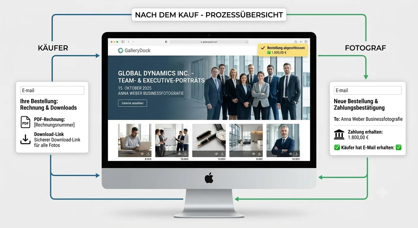 GalleryDock Prozessübersicht für bezahlte Businessbild-Downloads und Rechnungen