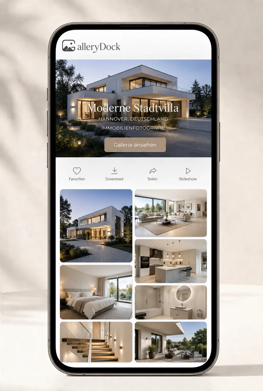 Mobile Online-Galerie für Immobilienfotos mit Favoriten