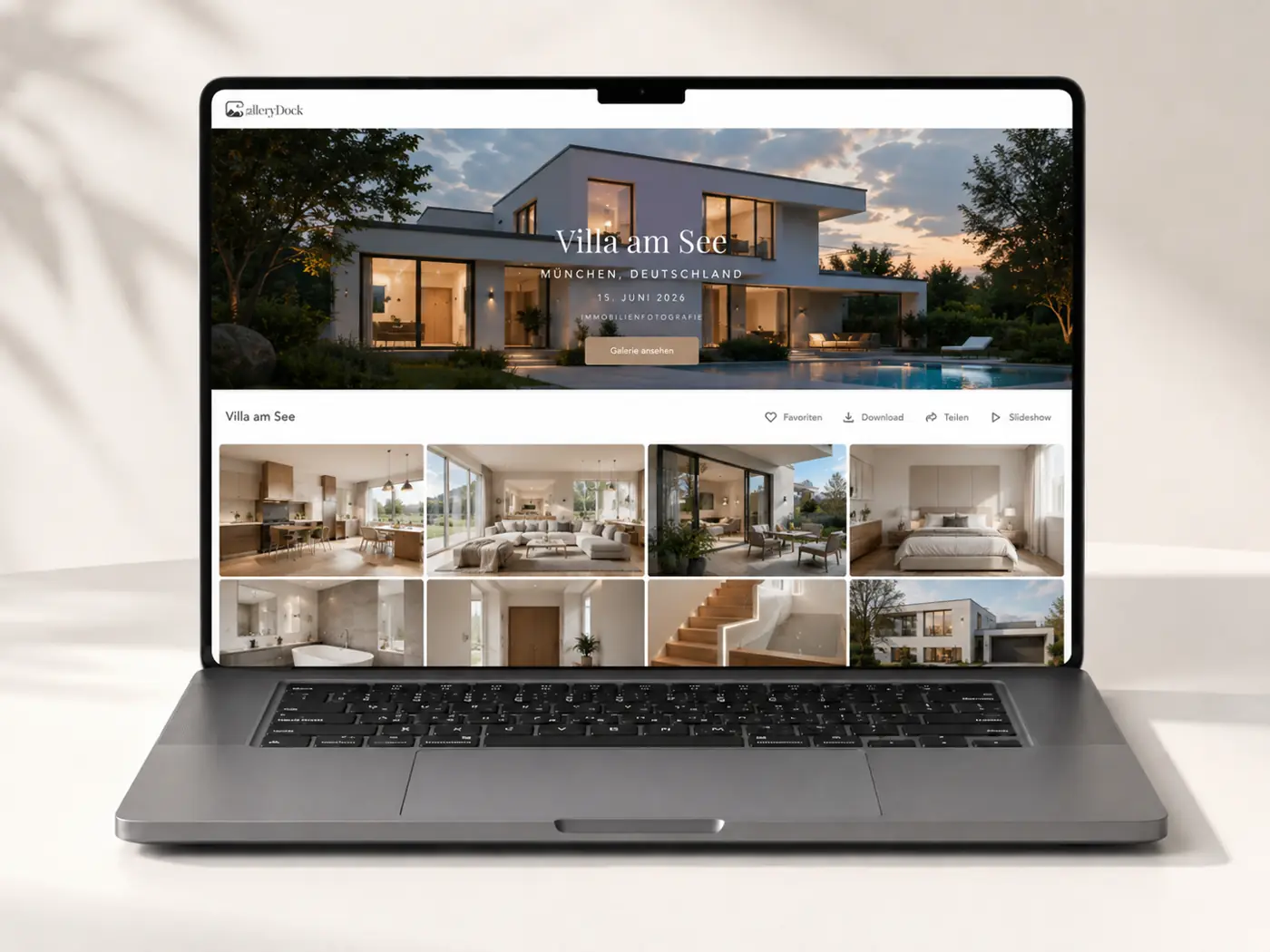 Online-Galerie für Immobilienfotografen mit Objektgalerie auf einem Laptop
