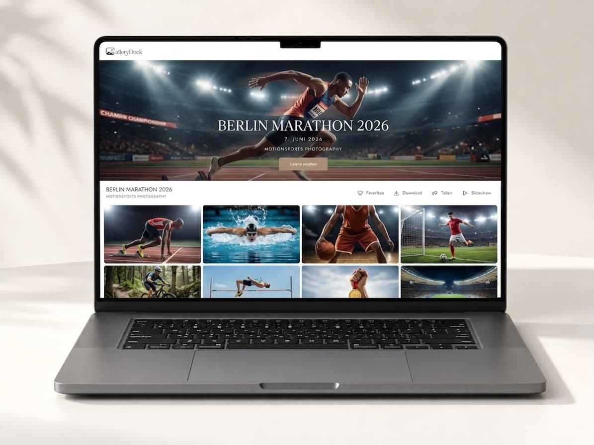 Laptop-Ansicht einer GalleryDock Sportfotografie-Galerie mit Bildauswahl