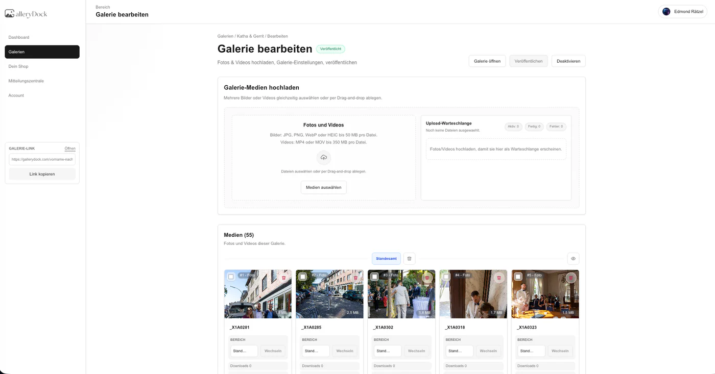 GalleryDock Dashboard als Beispiel einer Online-Galerie für Fotografen