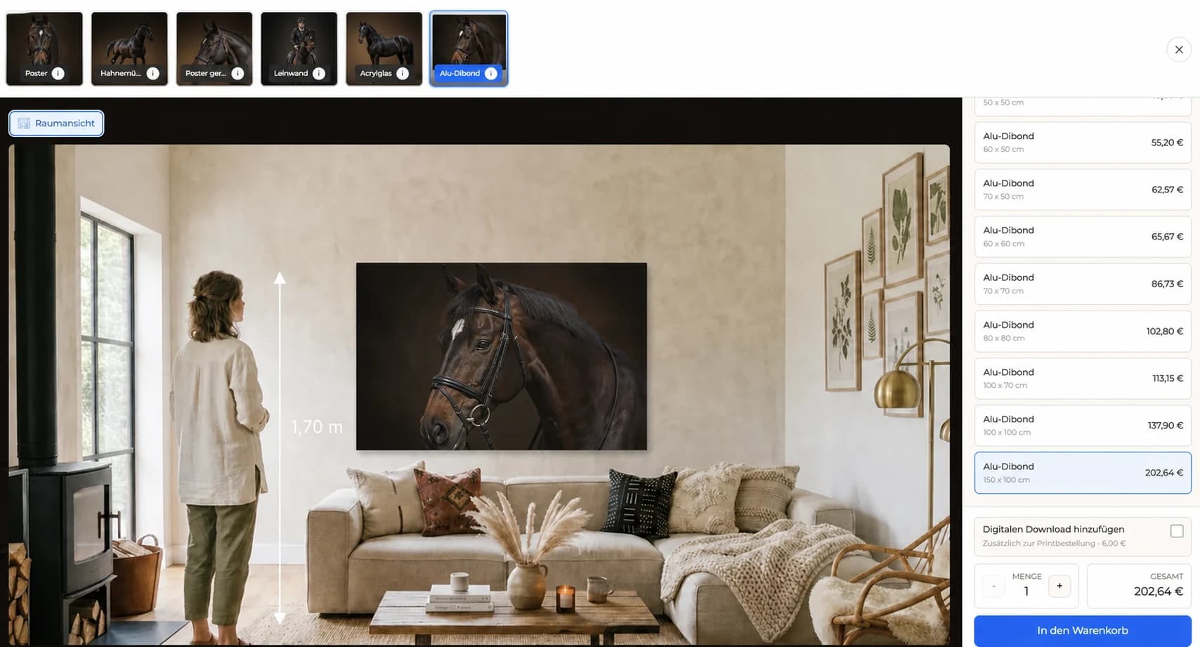 Pferdeportrait als Fine-Art-Print in der GalleryDock-Raumansicht