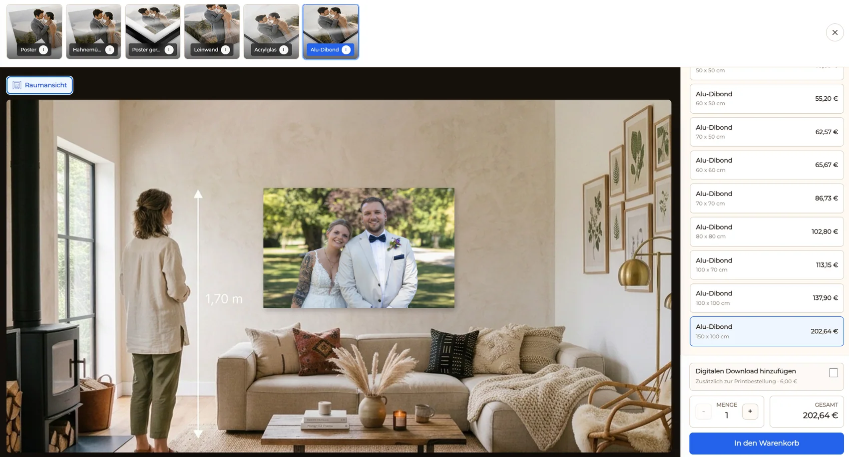 GalleryDock room preview showing wall-art sizes in the print shop