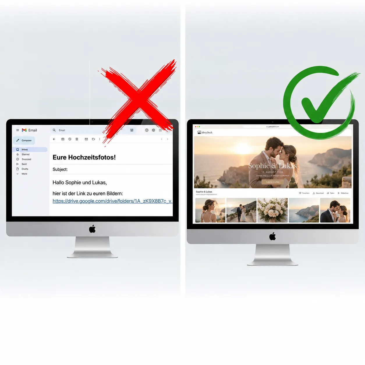 Vergleich zwischen einem Datei-Link per E-Mail und einer GalleryDock Online-Kundengalerie