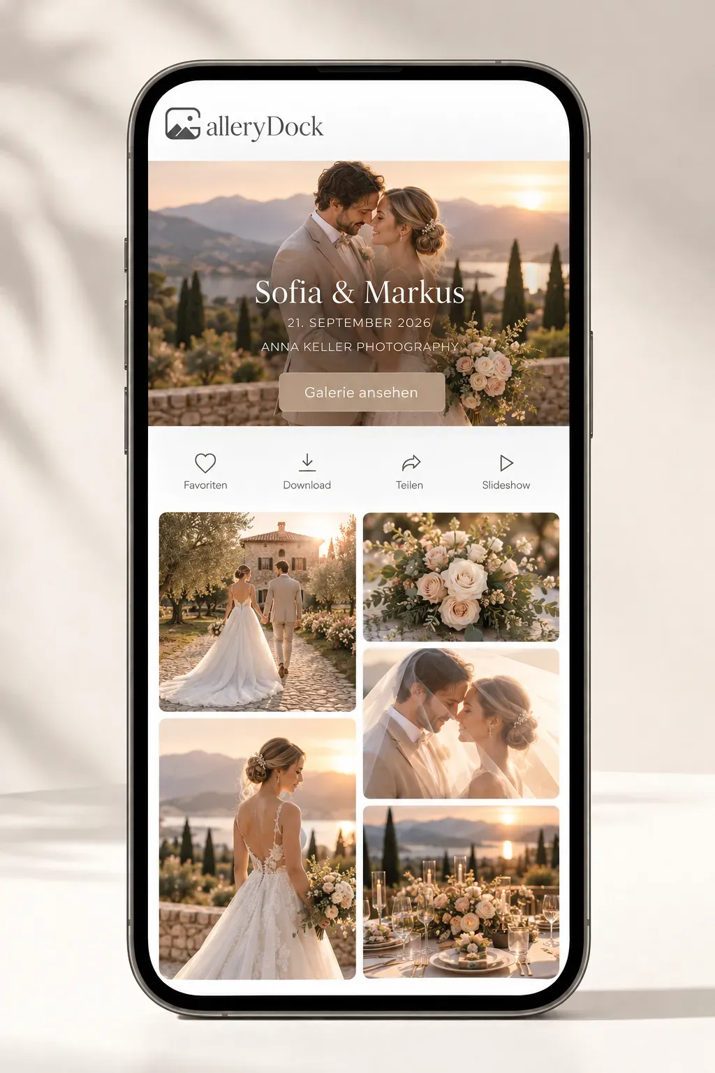GalleryDock Online-Kundengalerie für Fotografen auf einem Smartphone