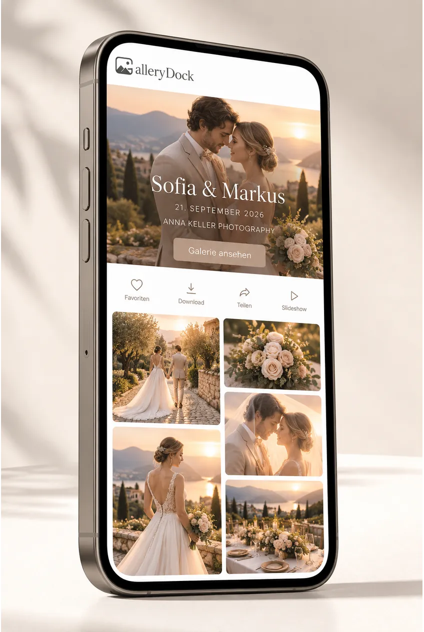 GalleryDock Online-Kundengalerie für Fotografen auf einem Smartphone